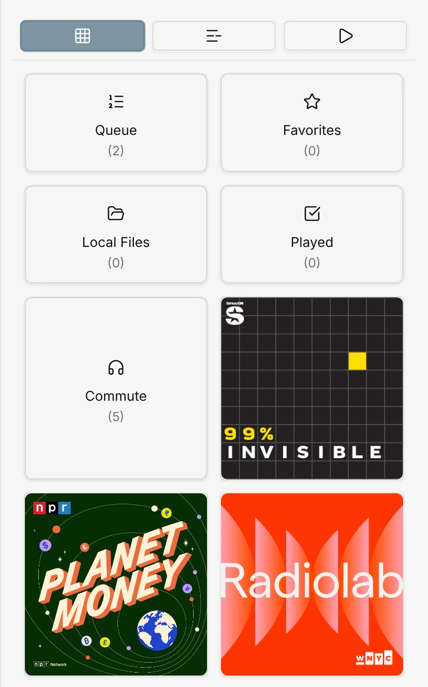 The podcast grid with the Queue, Favorites, Local Files, Played, and Commute playlists beside podcast artwork tiles
